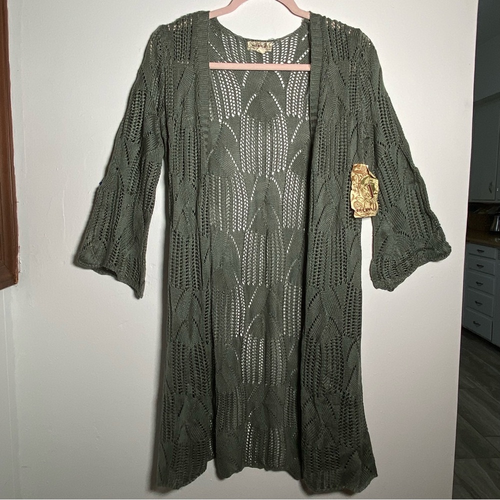ONE WORLD Forest Green Open Knit Cardigan XS Y2K Styling Winter Layer Lagenlook